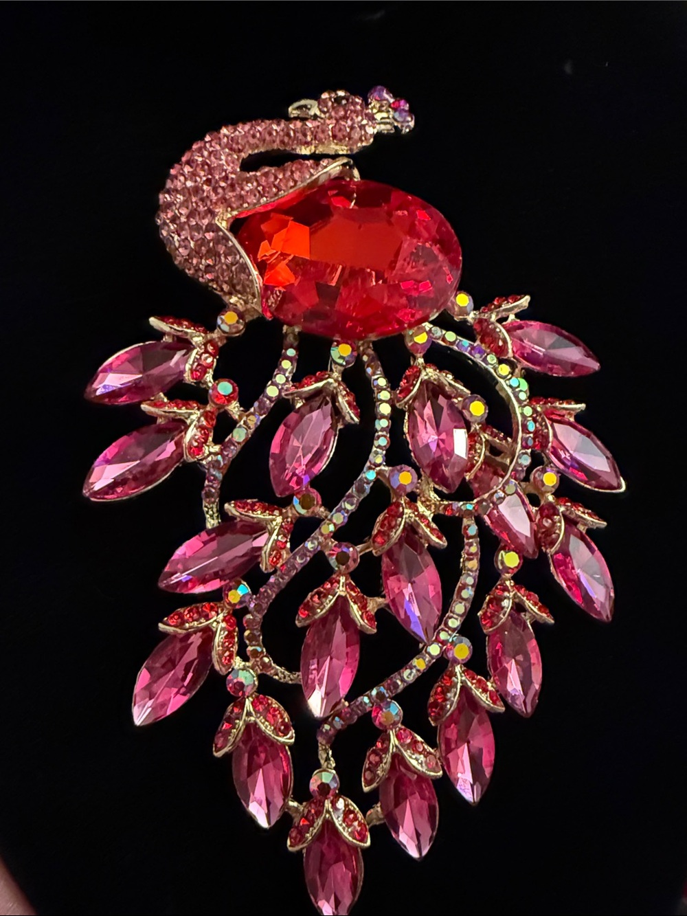 Pink Crystal Peacock Brooch - Sparkling Red & Pink Statement Pin